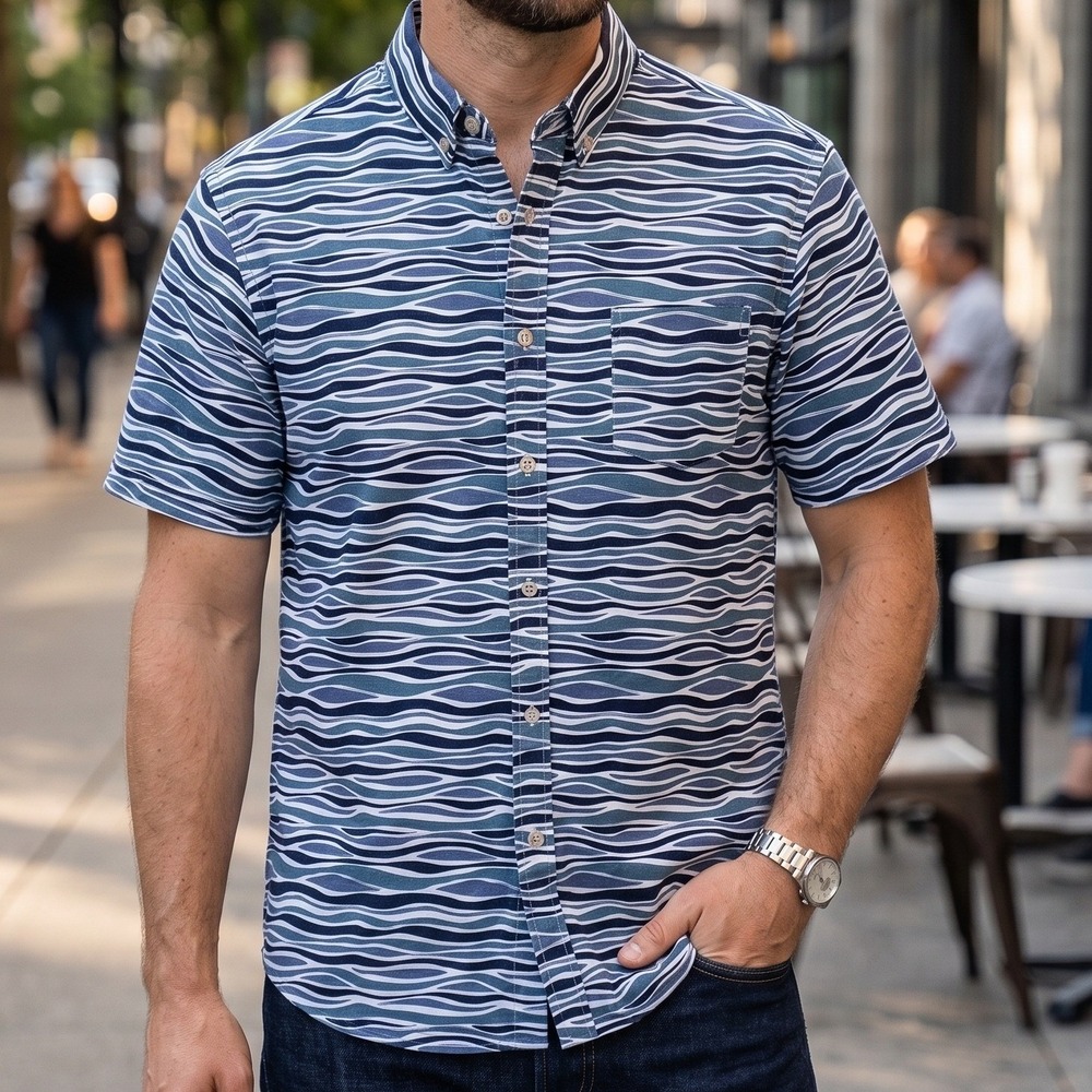 ROWM Button Down Shirt Mens XL Blue White Wave Print Short Sleeve Cotton Casual